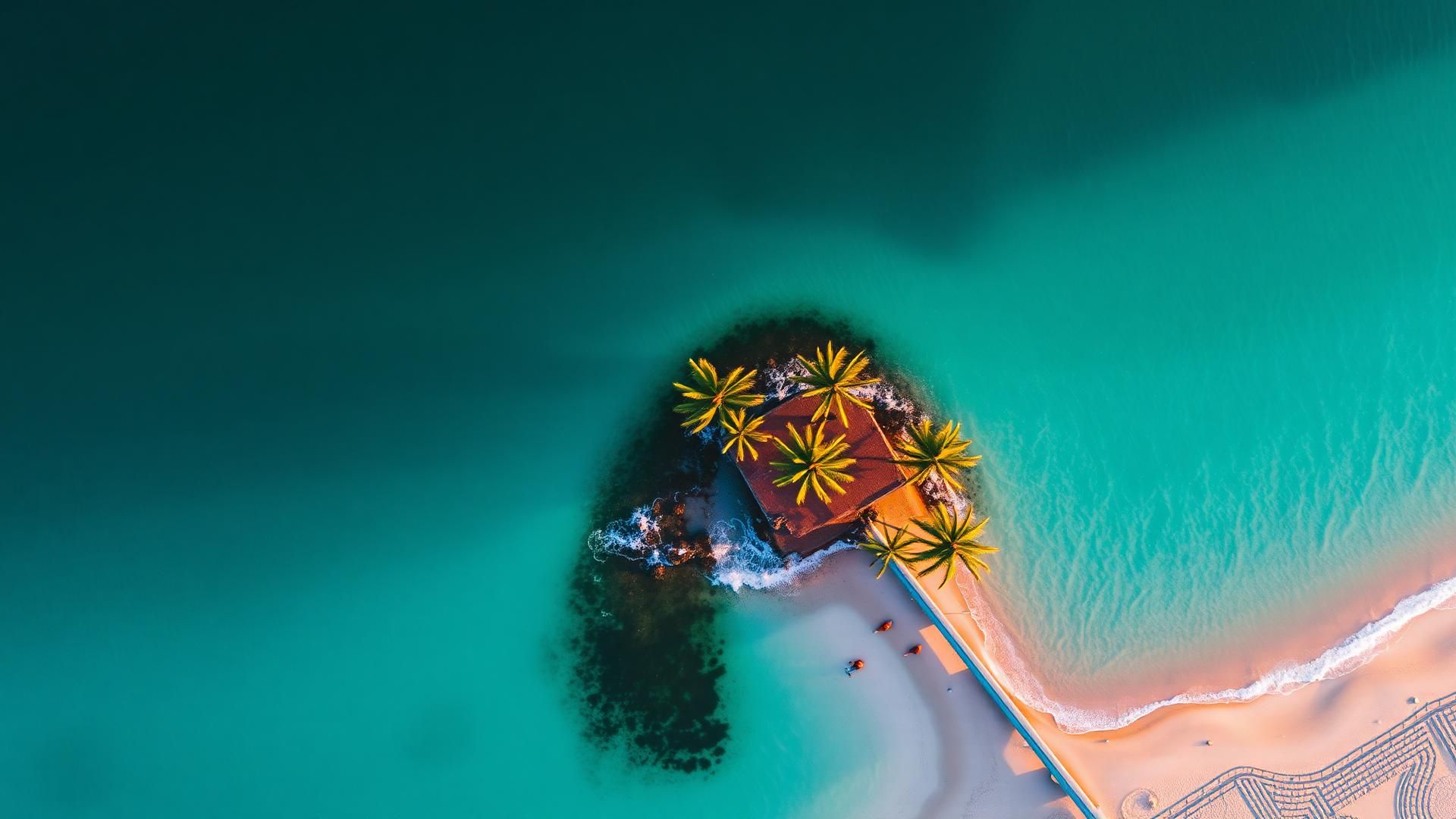 Luftaufnahme einer tropischen Insel mit Palmen, weißem Sandstrand und türkisfarbenem Meer — Sinnbild für saisonale Reiseplanung mit Rundreisen, Badeferien und Kreuzfahrten.