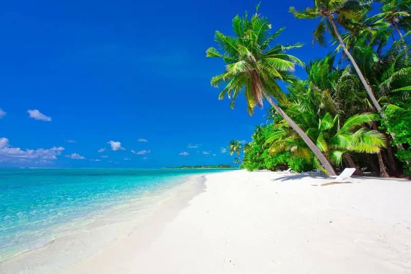 Traumhafter Strand mit weißem Sand, Palmen und kristallklarem türkisfarbenen Meer auf einer tropischen Insel.